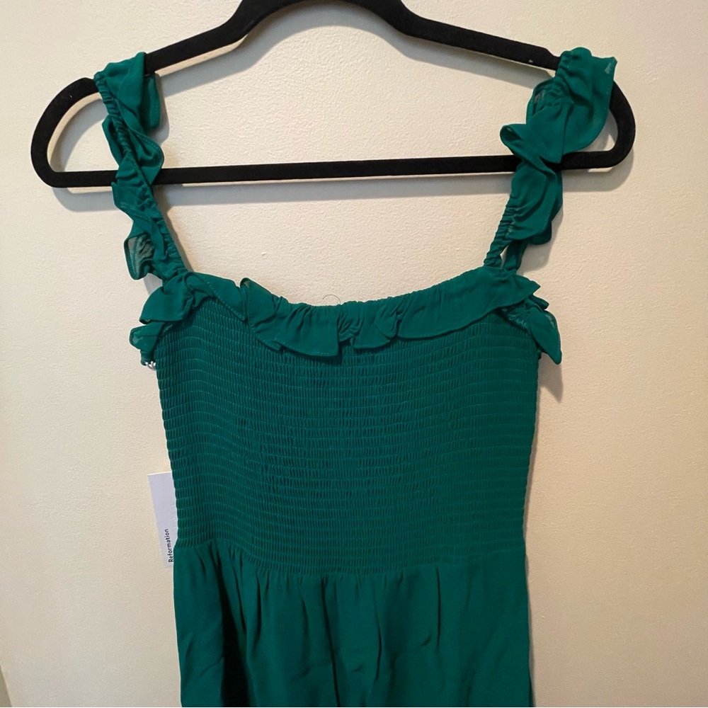 Reformation Green Smocked Midi Dress with Ruffle Straps - Picture 6 of 8